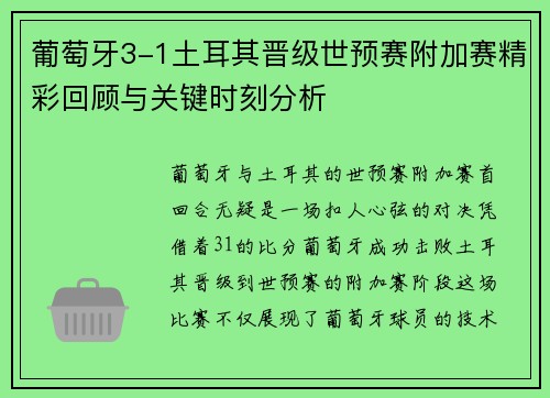 葡萄牙3-1土耳其晋级世预赛附加赛精彩回顾与关键时刻分析 葡萄牙3-1土耳其晋级世预赛附加赛精彩回顾与关键时刻分析